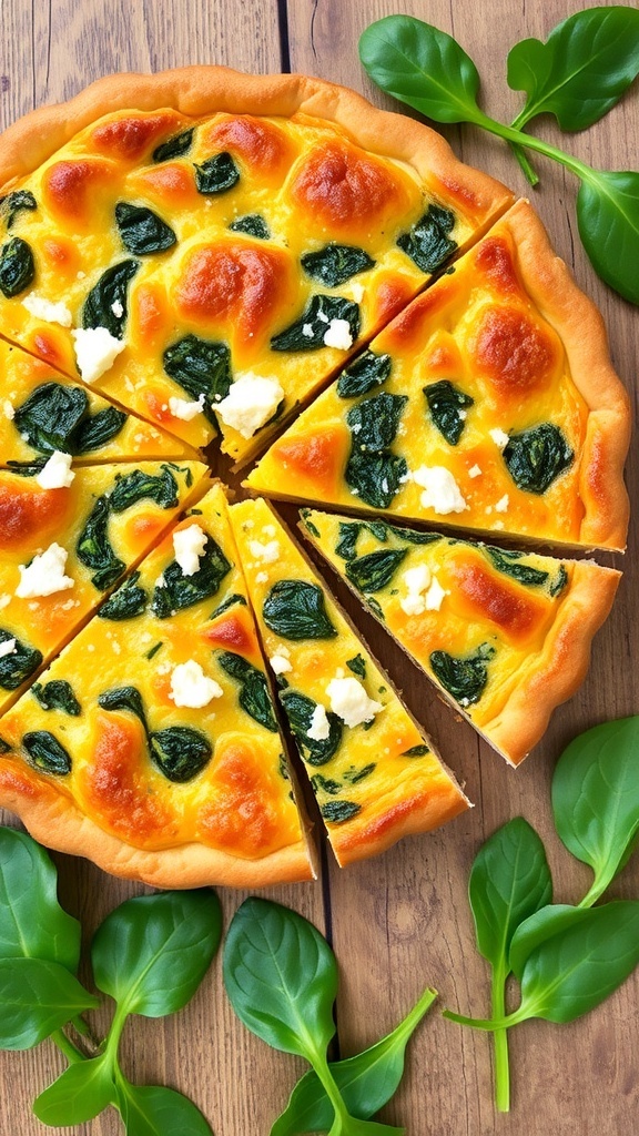 A slice of spinach and feta quiche on a wooden table, garnished with parsley and fresh spinach.